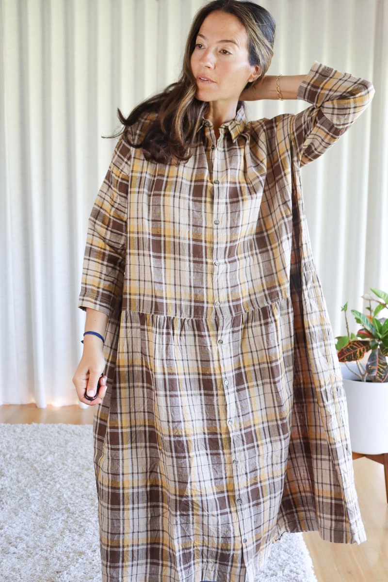 Ichi Antiquités Linen Tartan Dress Brown/Mustard Garmentory