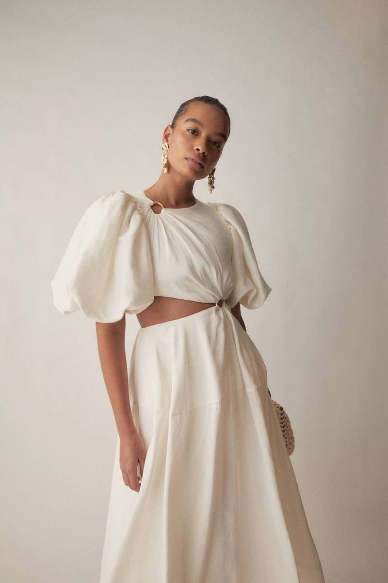 Vanades Cut Out Ring Midi Dress-Cream | Garmentory