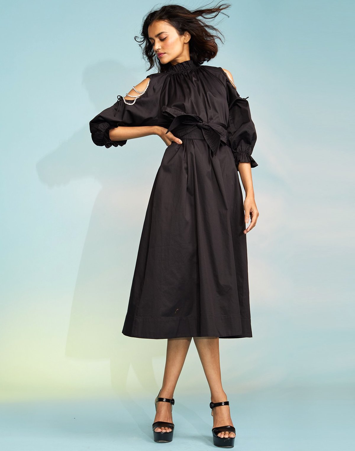 knee length dresses for ladies Cold Shoulder Midi Dress With Detailed Sleeves – shopaleena main image 0