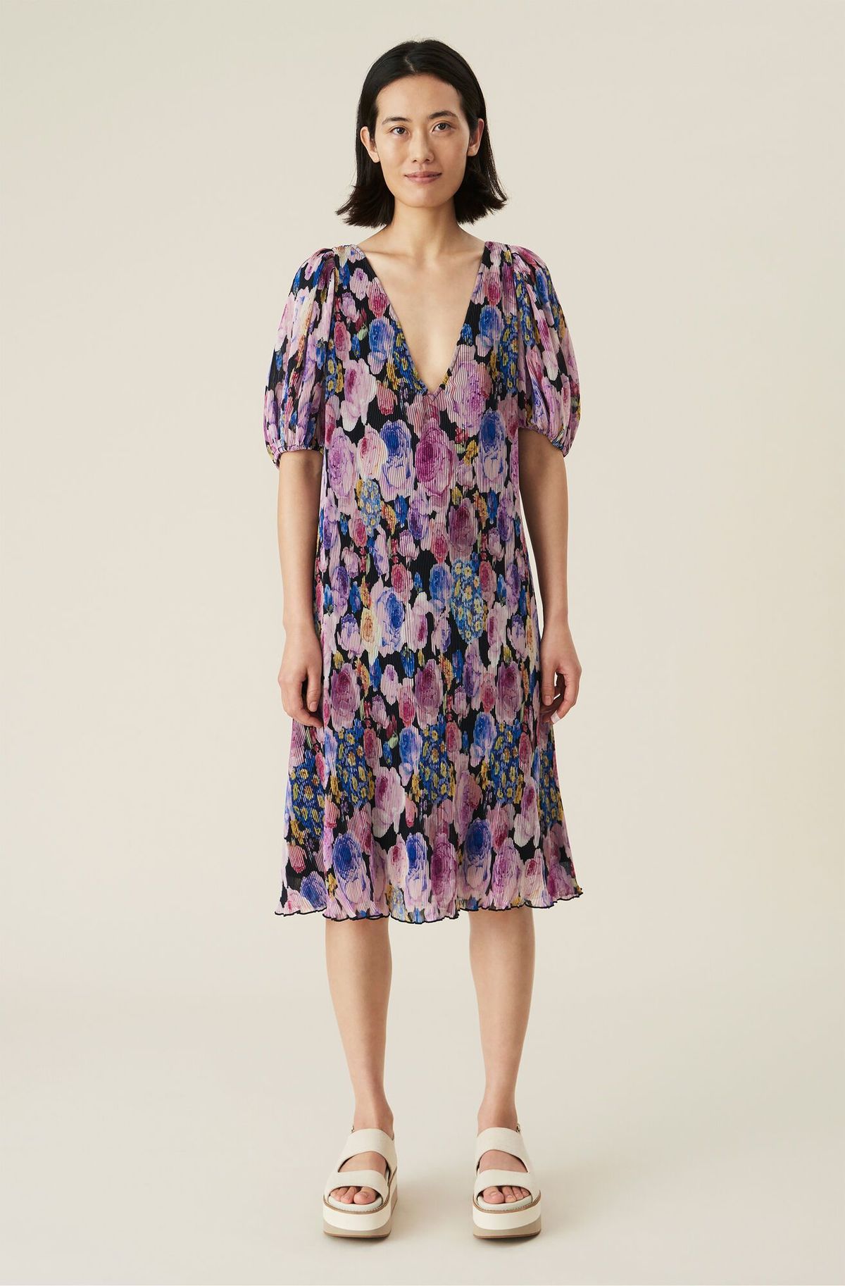 Ganni Pleated Georgette V-Neck Midi Dress - Multicolor | Garmentory