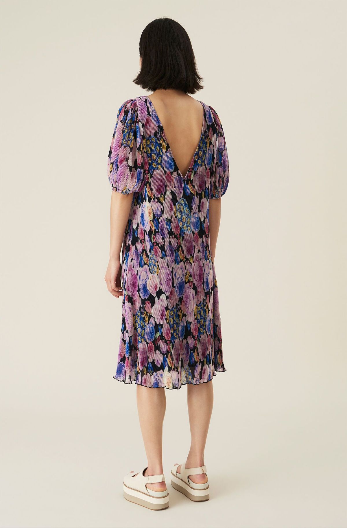 Midi Length Pleated Georgette Dress with Sleeves in Blue Nova by Condici main image 0