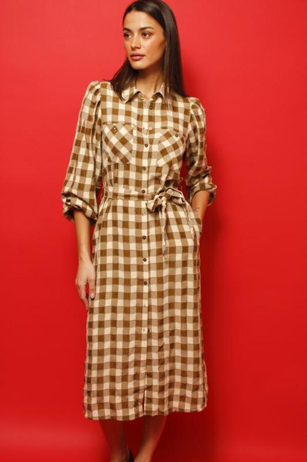 FRNCH PIPER GINGHAM MIDI DRESS - KHAKI 