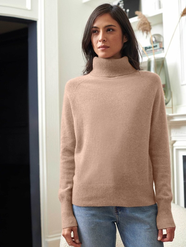 White + Warren Cashmere Ribbed Trim Turtleneck - Camel | Garmentory