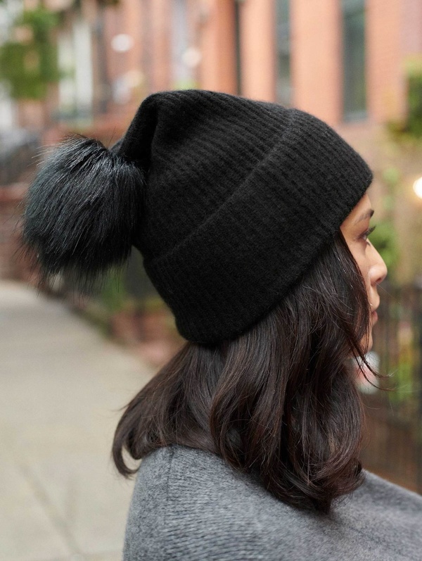 White + Warren Cashmere Turnback Ribbed Beanie With Pom  display picture 3