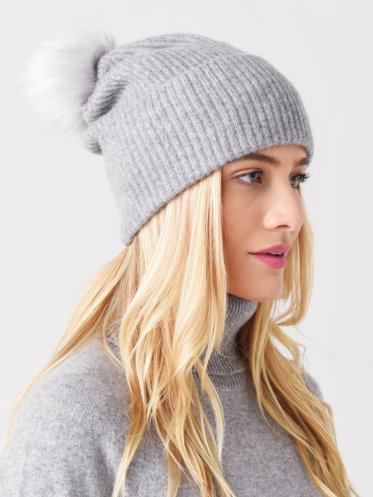 Moving Sale ? White + Warren Cashmere Beanie with Fur Pom Marl Ladderstitch Cashmere Beanie with Fur Pom | Amicale  main image 4