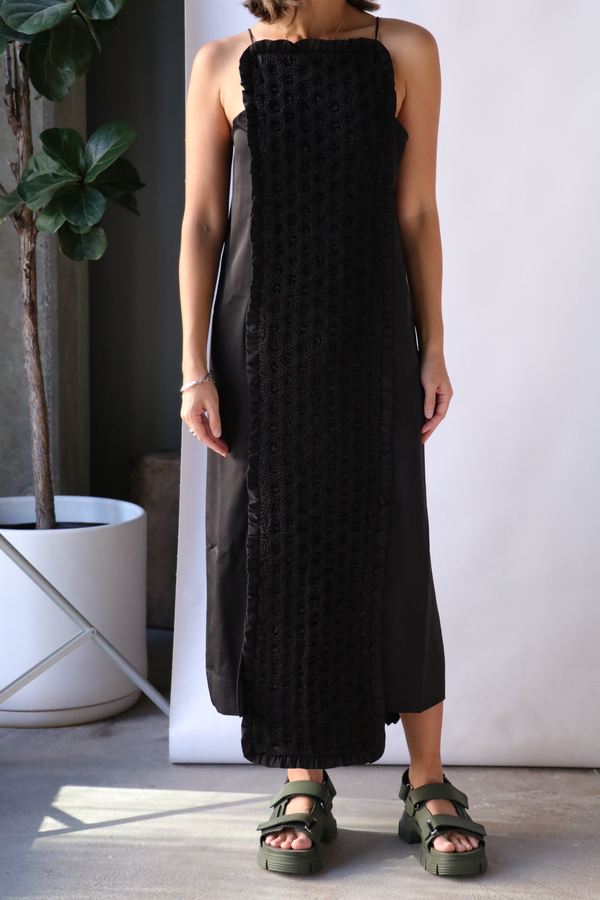 ganni black ruffle dress GANNI BLACK COTTON POPLIN GATHERED U-NECK MINI DRESS  Interwoven