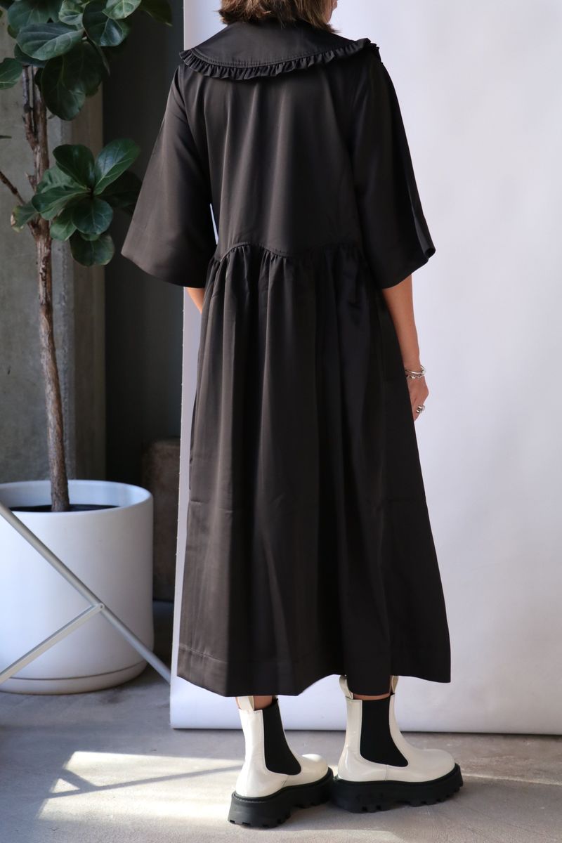 Ganni Smoked Satin Ruffle Collar Wavy Dress - Black | Garmentory