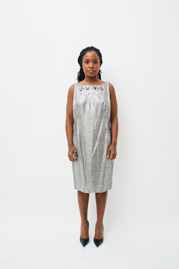 carmen marc valvo metallic dress Vintage CARMEN MARC VALVO Metallic Liquid Silver Dress with Tags Attached (6)