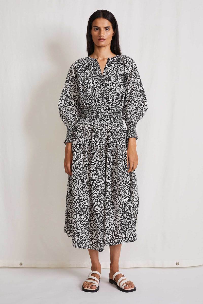 apiece apart la ventura maxi dress Apiece Apart La Ventura Gathered Floral-Print Organic Cotton-Voile Midi Dress In Black - 30% Off