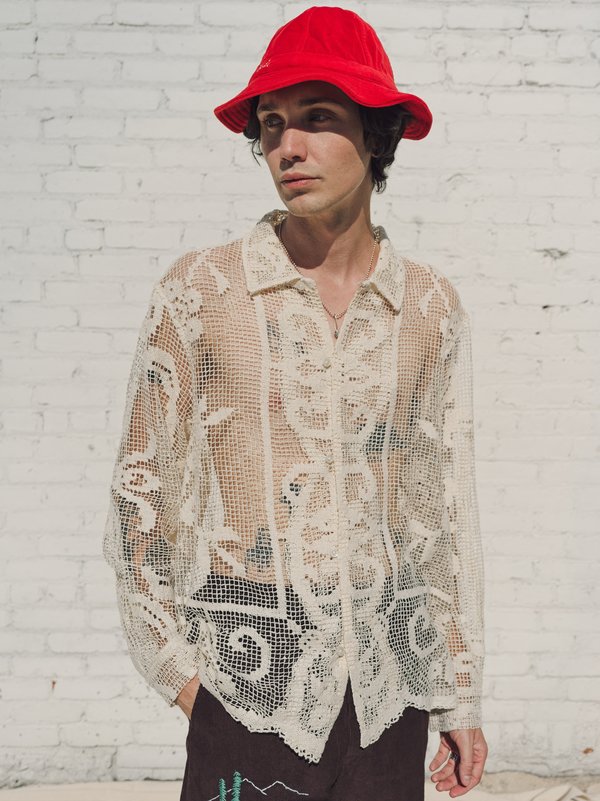 BODE Unique Antique Filet Lace Long Sleeve Shirt - Ivory | Garmentory