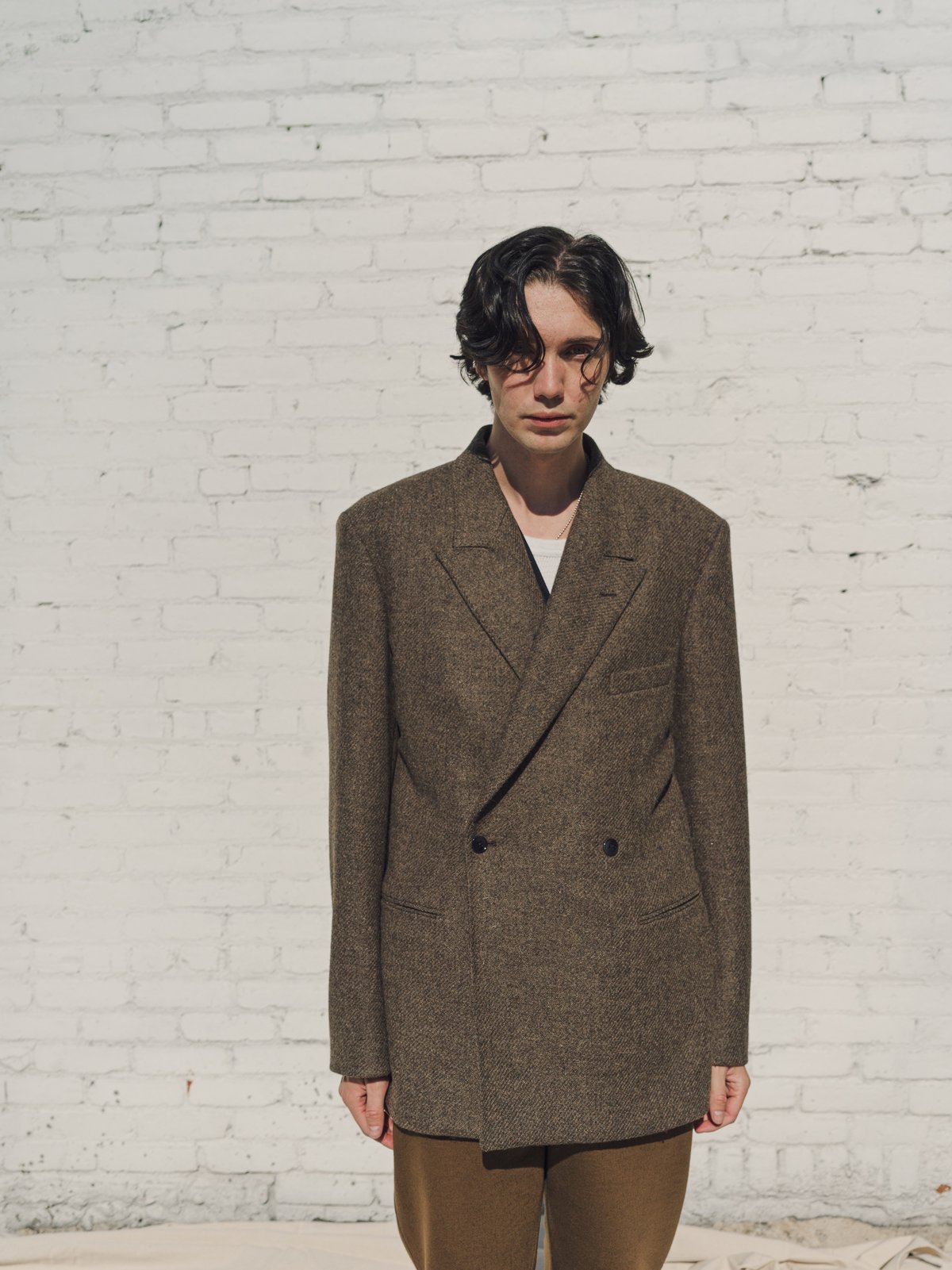 Lemaire Long Double Breasted Jacket Wool Tweed - Green Grey