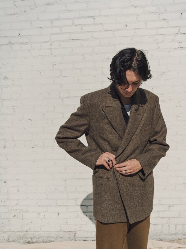 R*u様 LEMAIRE tweed leather tailored jack Lemaire Long Double Breasted Jacket Wool Tweed - Green Grey