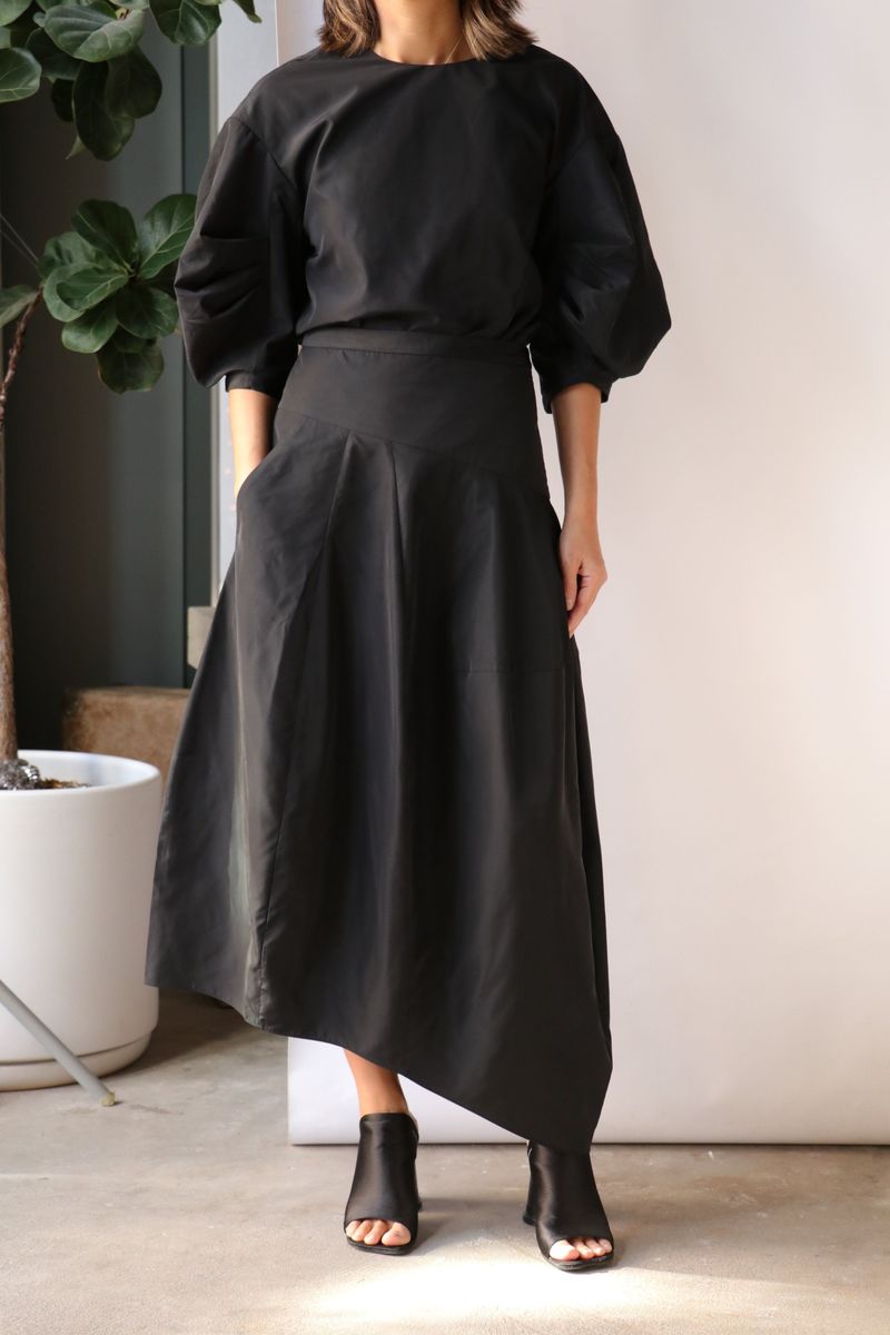 Tibi Italian Sporty Nylon Asymmetrical Balloon Skirt - Black 