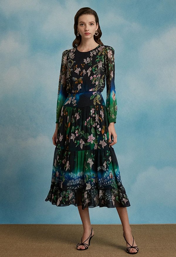 Isabel Dress In Peacock Orchid Print | Garmentory