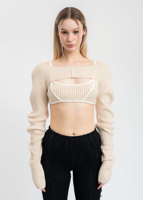 Danielle Guizio Rib Knit Shrug Cardigan - Cream/White | Garmentory