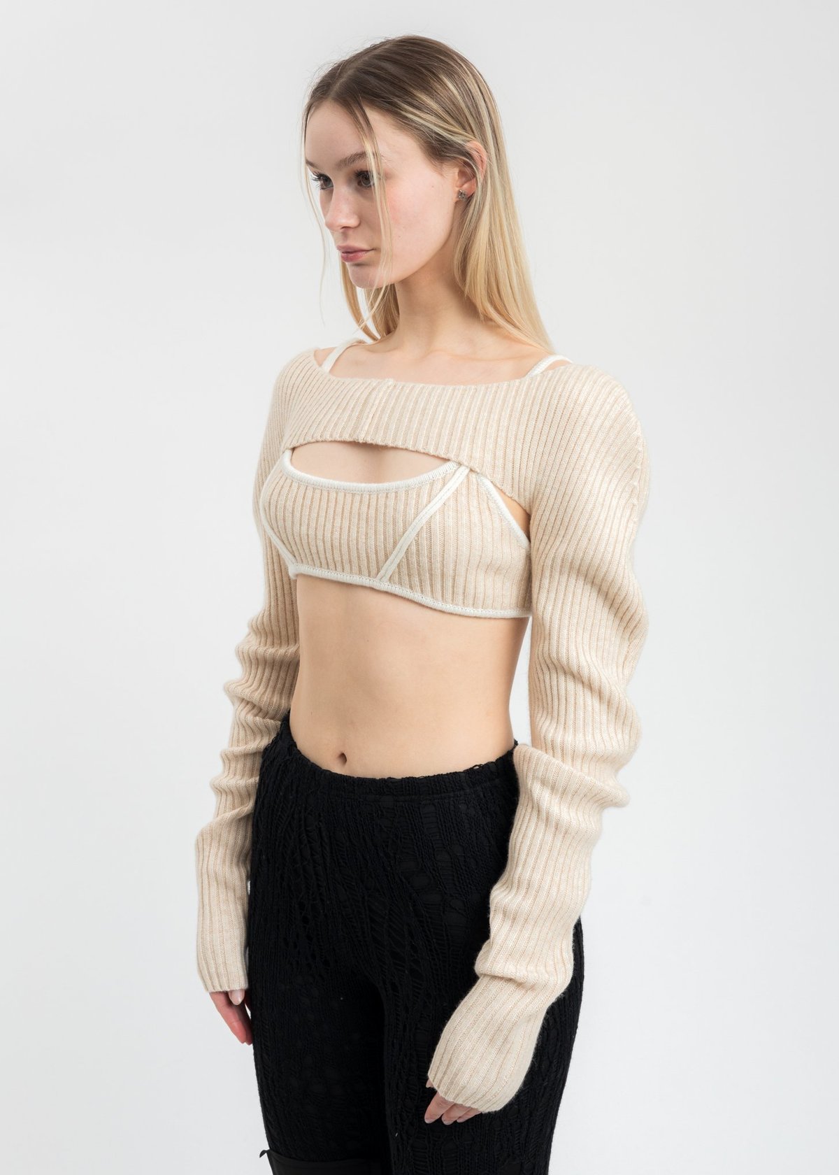 Danielle Guizio Rib Knit Shrug Cardigan - Cream/White | Garmentory