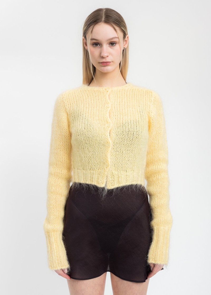 Danielle Guizio Mohair Fuzzy Cropped Cardigan - Pale Yellow  