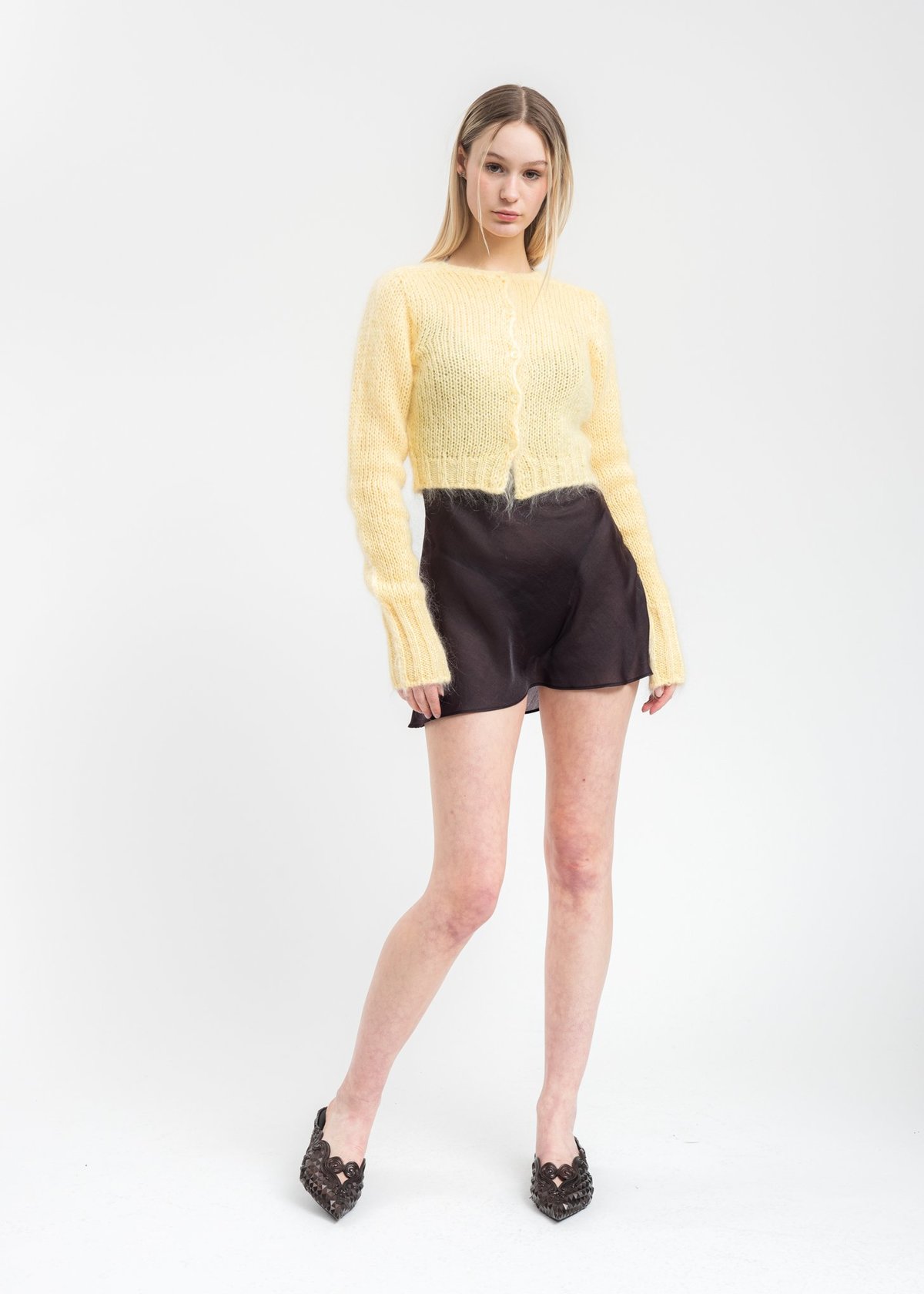 Danielle Guizio Mohair Fuzzy Cropped Cardigan - Pale Yellow