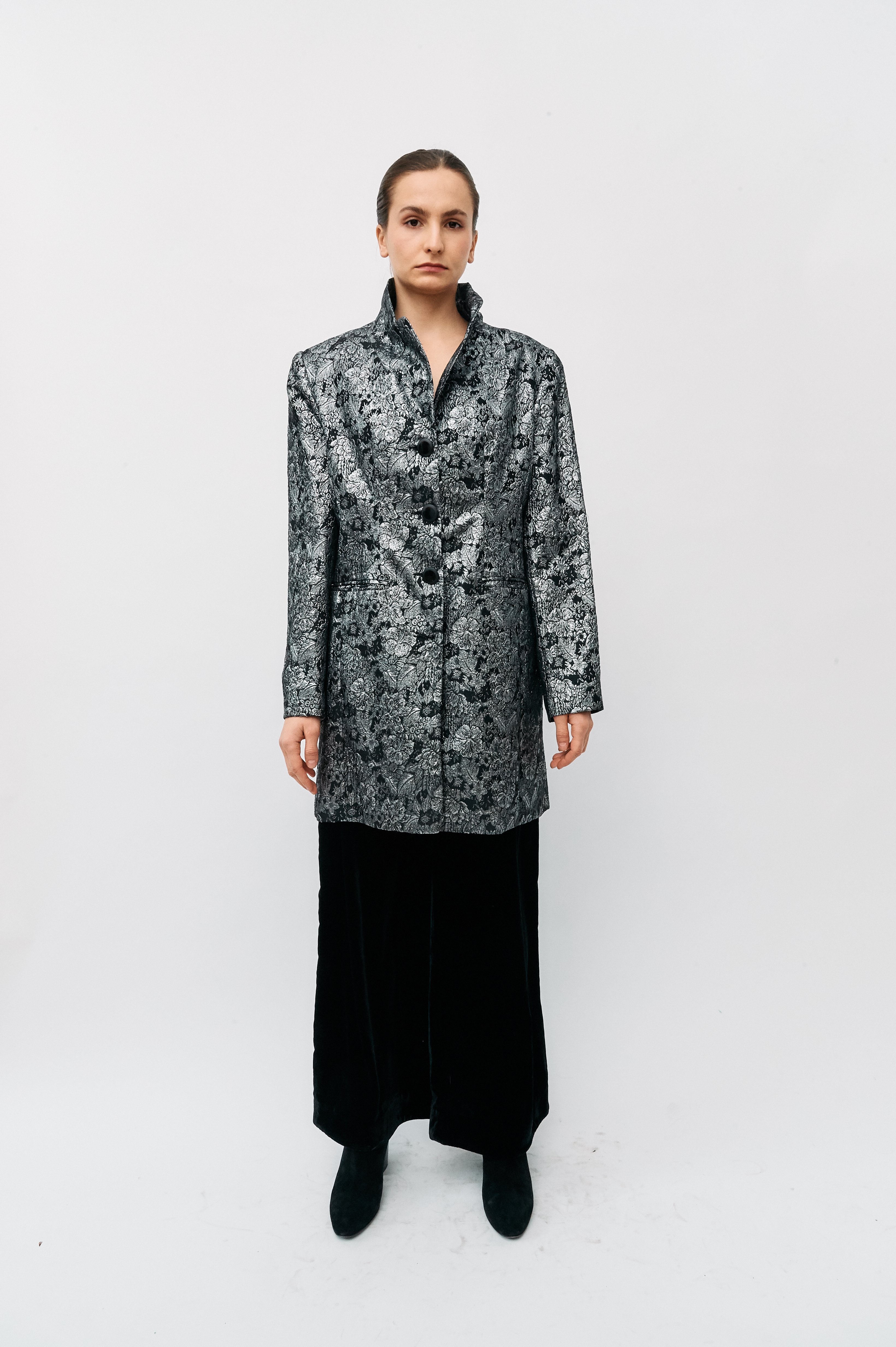 MONADIR Silver Metallic Jacquard Coat, Size 12 Garmentory