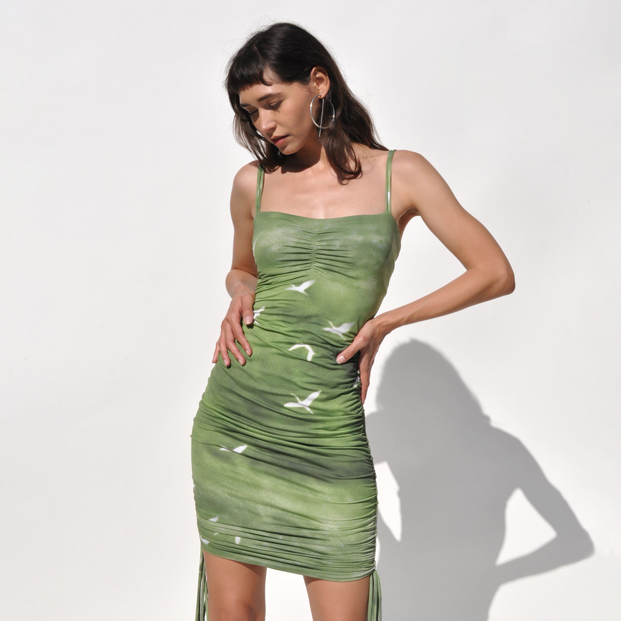 Priscavera Ruched Printed Dress - Green Birds Print | Garmentory