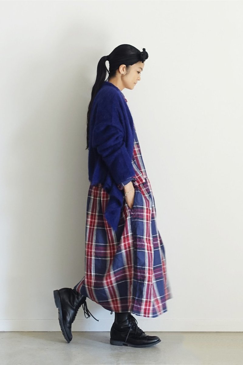 ICHI ANTIQUITES Linen Tartan Shirt Dress - Navy/Red | Garmentory