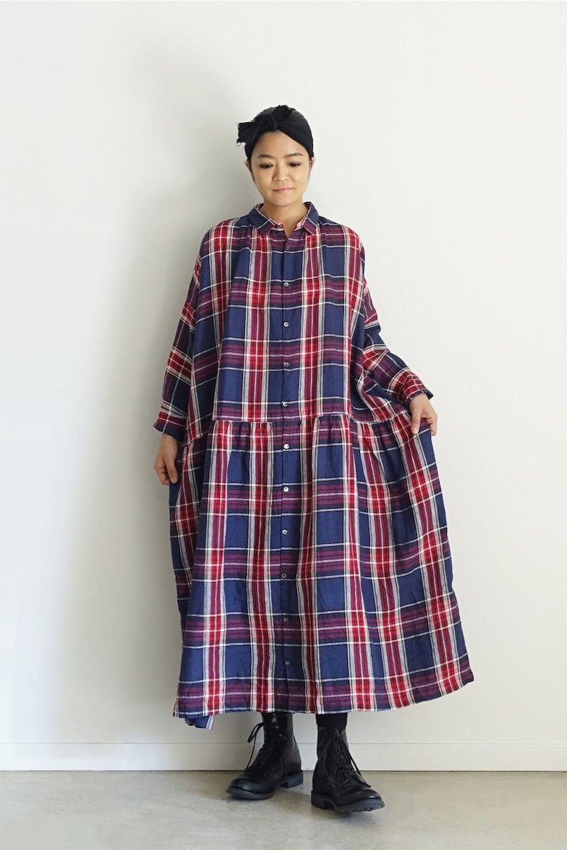 ICHI ANTIQUITES Linen Tartan Shirt Dress - Navy/Red | Garmentory
