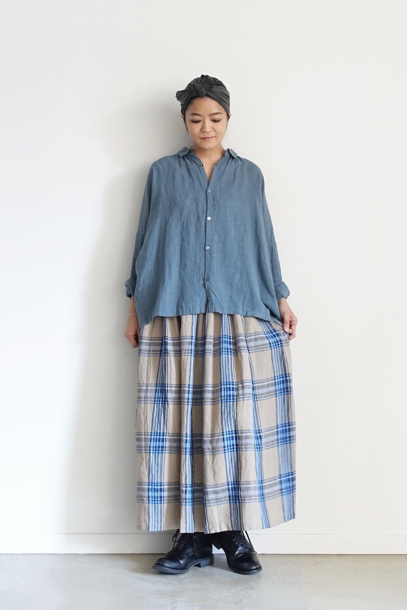 ICHI ANTIQUITES Linen Tartan Skirt - Beige/Navy | Garmentory