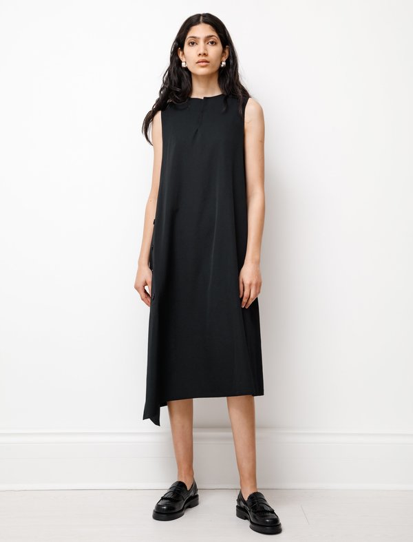 Y's WOOL GABARDINE ASYMME APRON DRESS 黒1 Y's by Yohji Yamamoto Asymmetrical Button Wool Dress - Gabardine