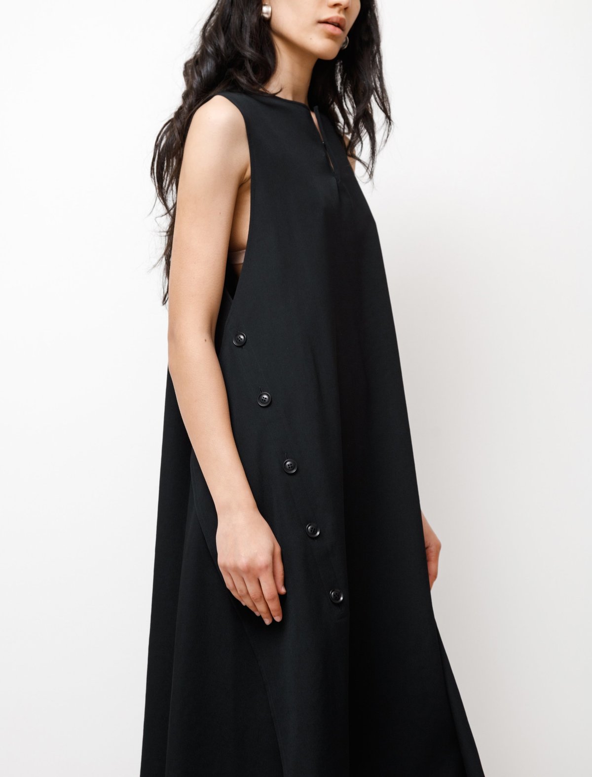 Y's WOOL GABARDINE ASYMME APRON DRESS 黒1 Y's by Yohji Yamamoto Asymmetrical Button Wool Dress - Gabardine