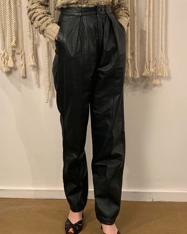 Vintage Leather Pleated Pants - Black 