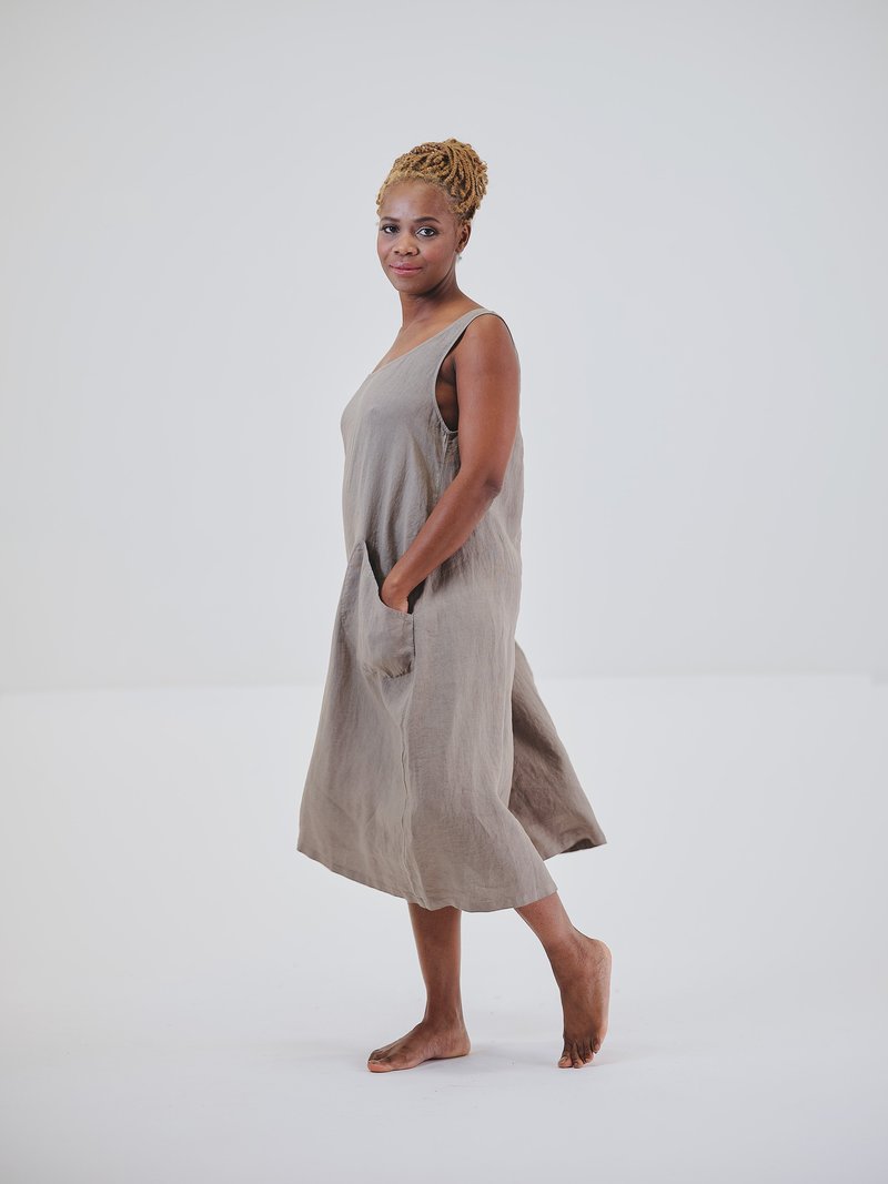knee length dresses for ladies Eva Solid Linen Dress Blue / S