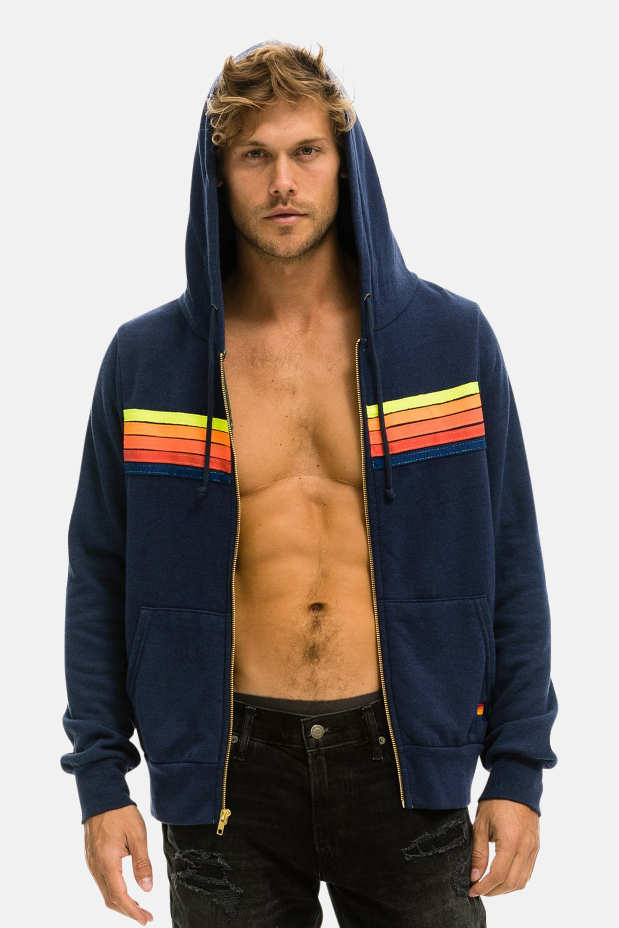 Men's Aviator Nation Stripe Zip Hoodie Neon Rainbow Blue Sweater