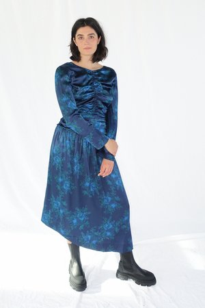 Ganni Silk Satin Stretch Dress - Blue | Garmentory