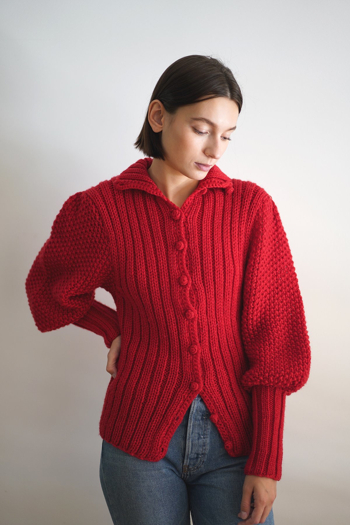Knit Sweater Red Balloon Sleeve Cardigan Solosix Balloon Sleeve