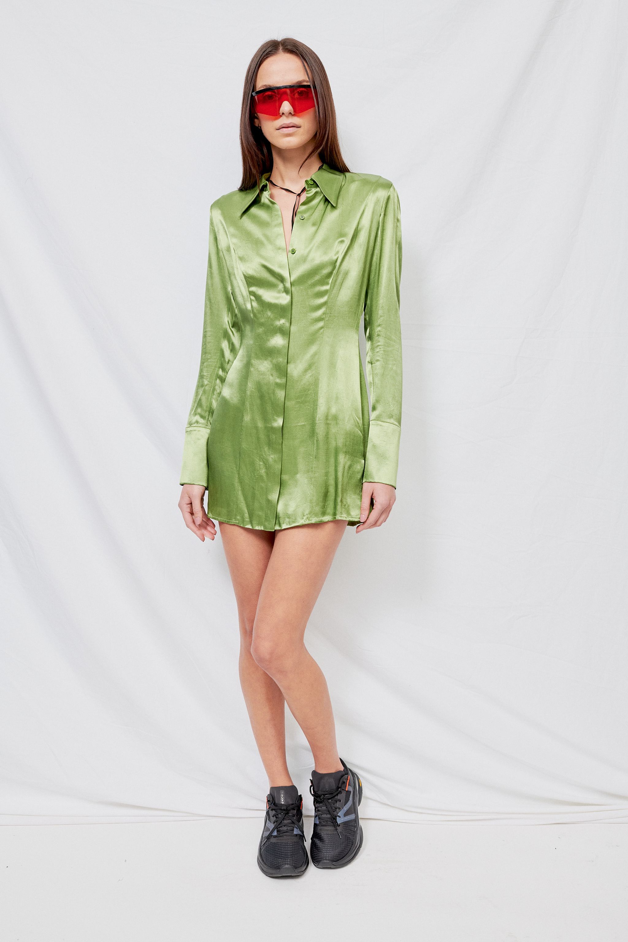 green satin shirt dress Green Satin Wrap Shirt Dress – AX Paris main image 0