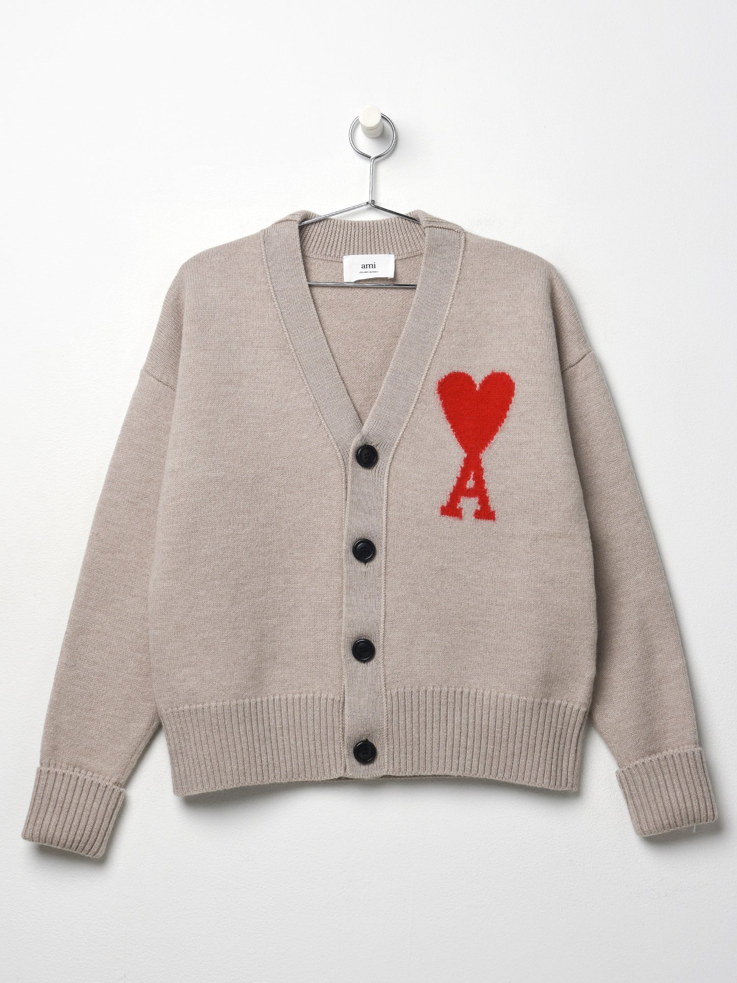 ★人気★ AMI de Coeur Wool Cardigan Champagne Beige Ami de Cœur Cardigan by AMI Paris on Sale