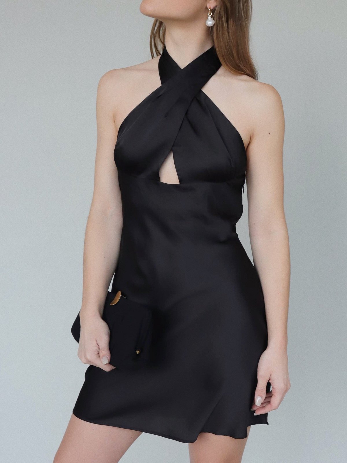 NIA Satin Cross Halter Dress - Black | Garmentory