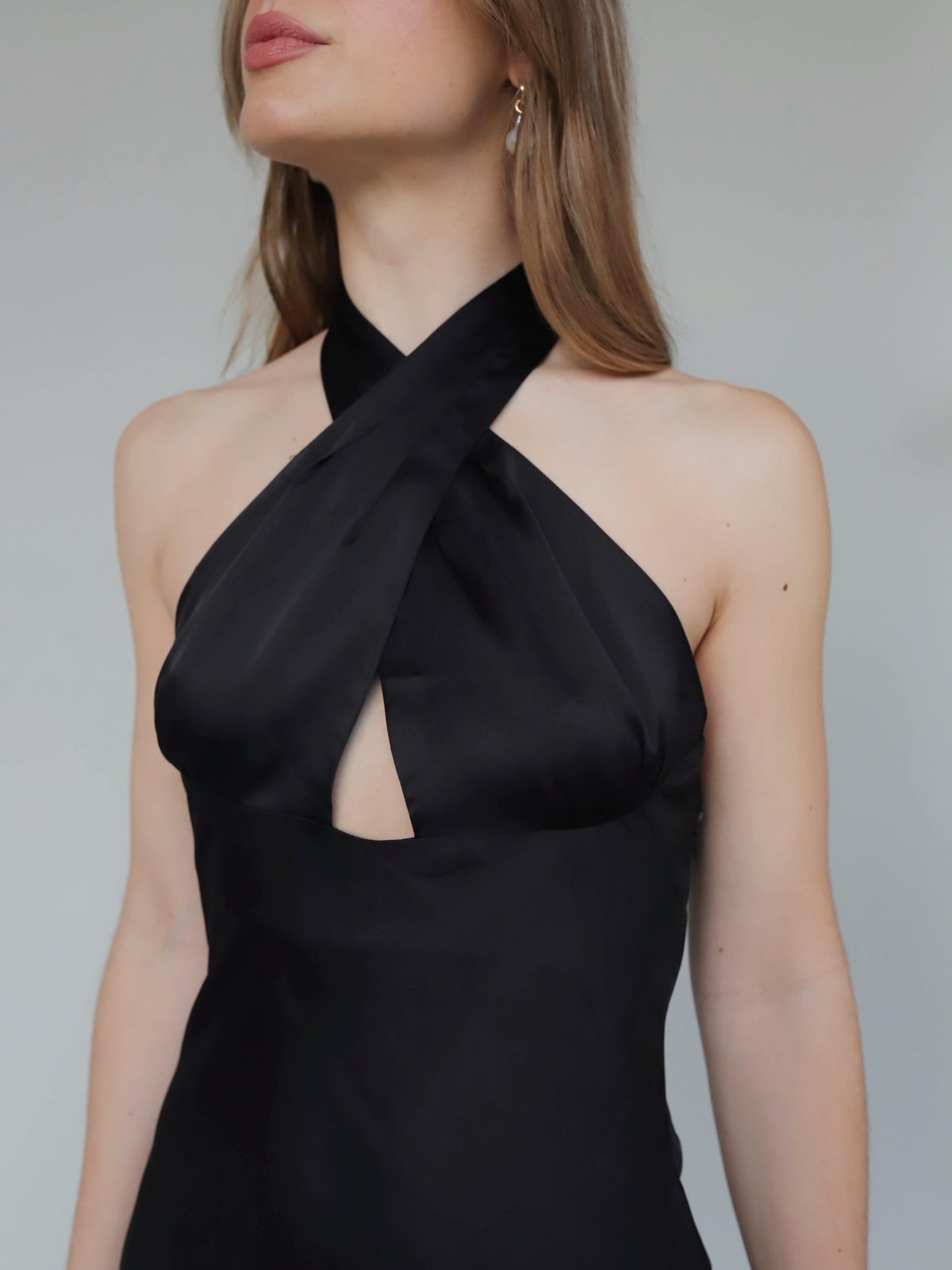 NIA Satin Cross Halter Dress - Black | Garmentory