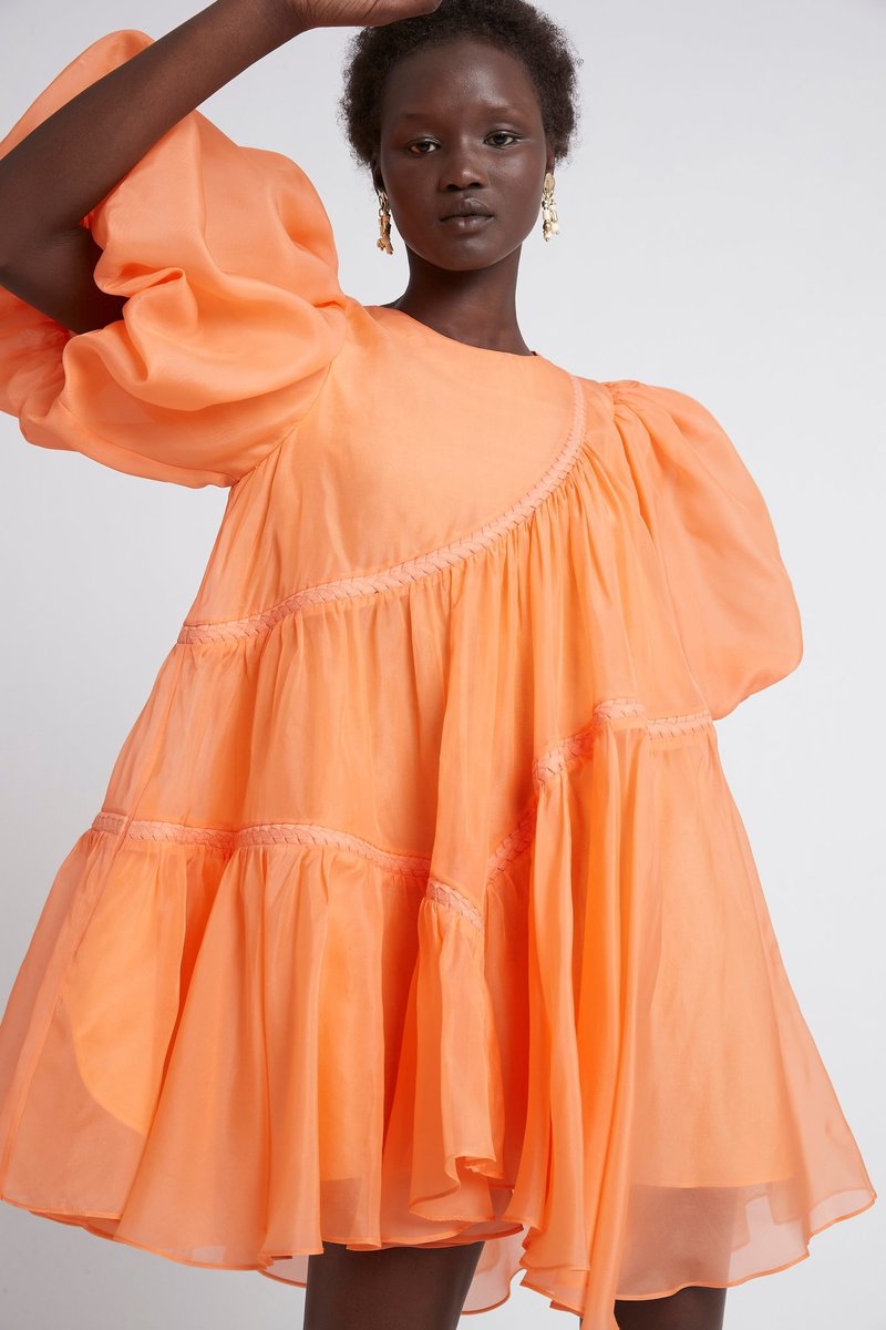 riviera asymmetric braided puff sleeve smock dress AJ Riviera Asymmetric Braided Puff Sleeve Smock Dress | mini