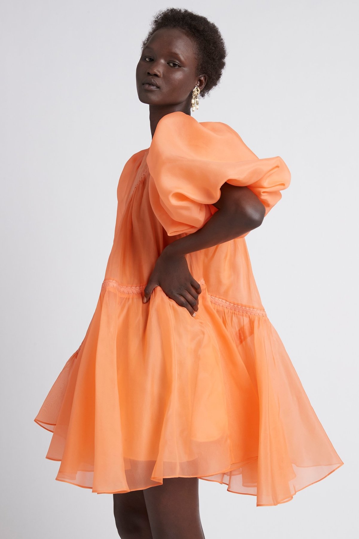 riviera asymmetric braided puff sleeve smock dress Aje Riviera Asymmetric Braided Puff Sleeve Smock Dress - orange