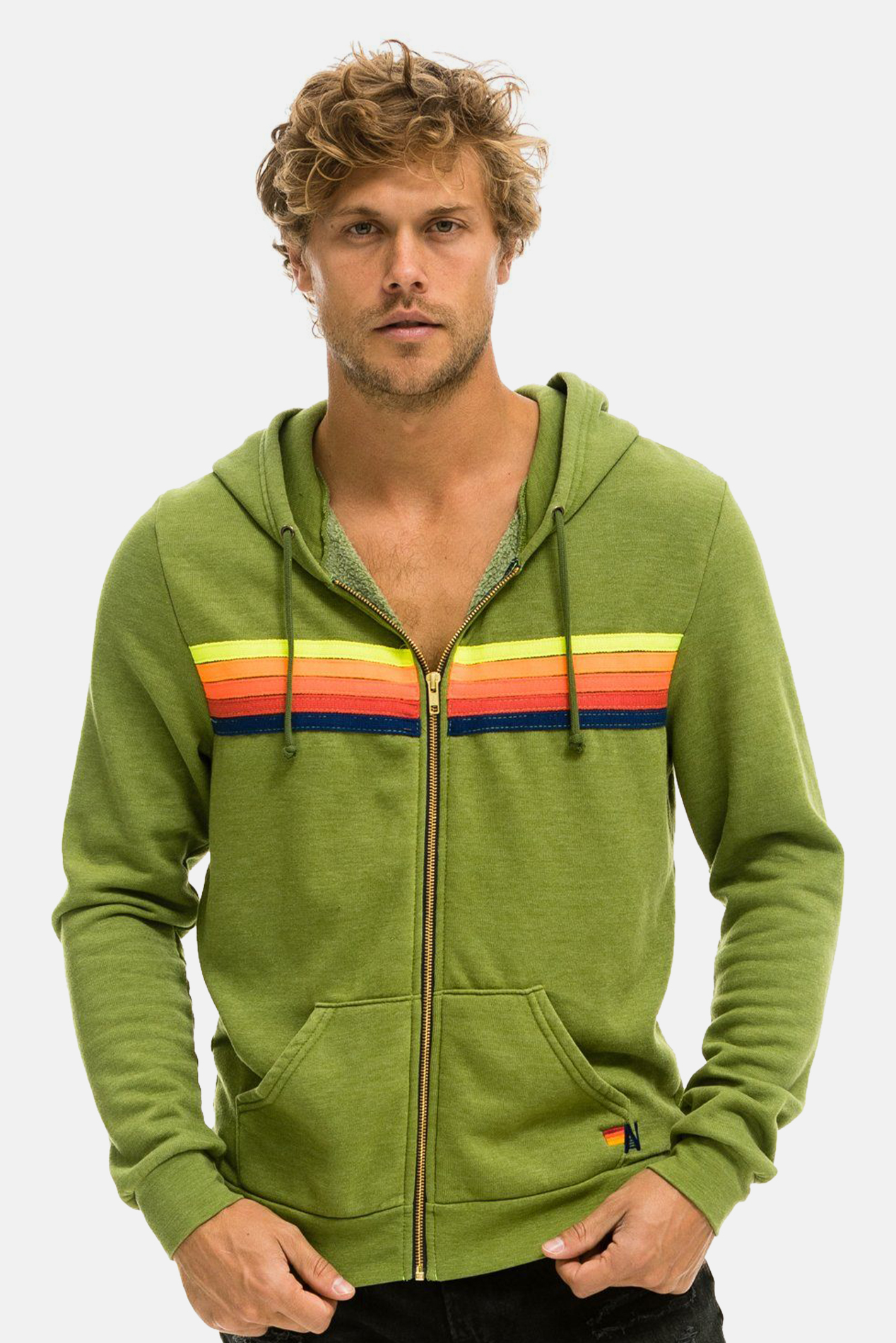 Men's Aviator Nation Stripe Zip Hoodie Jungle Neon Rainbow