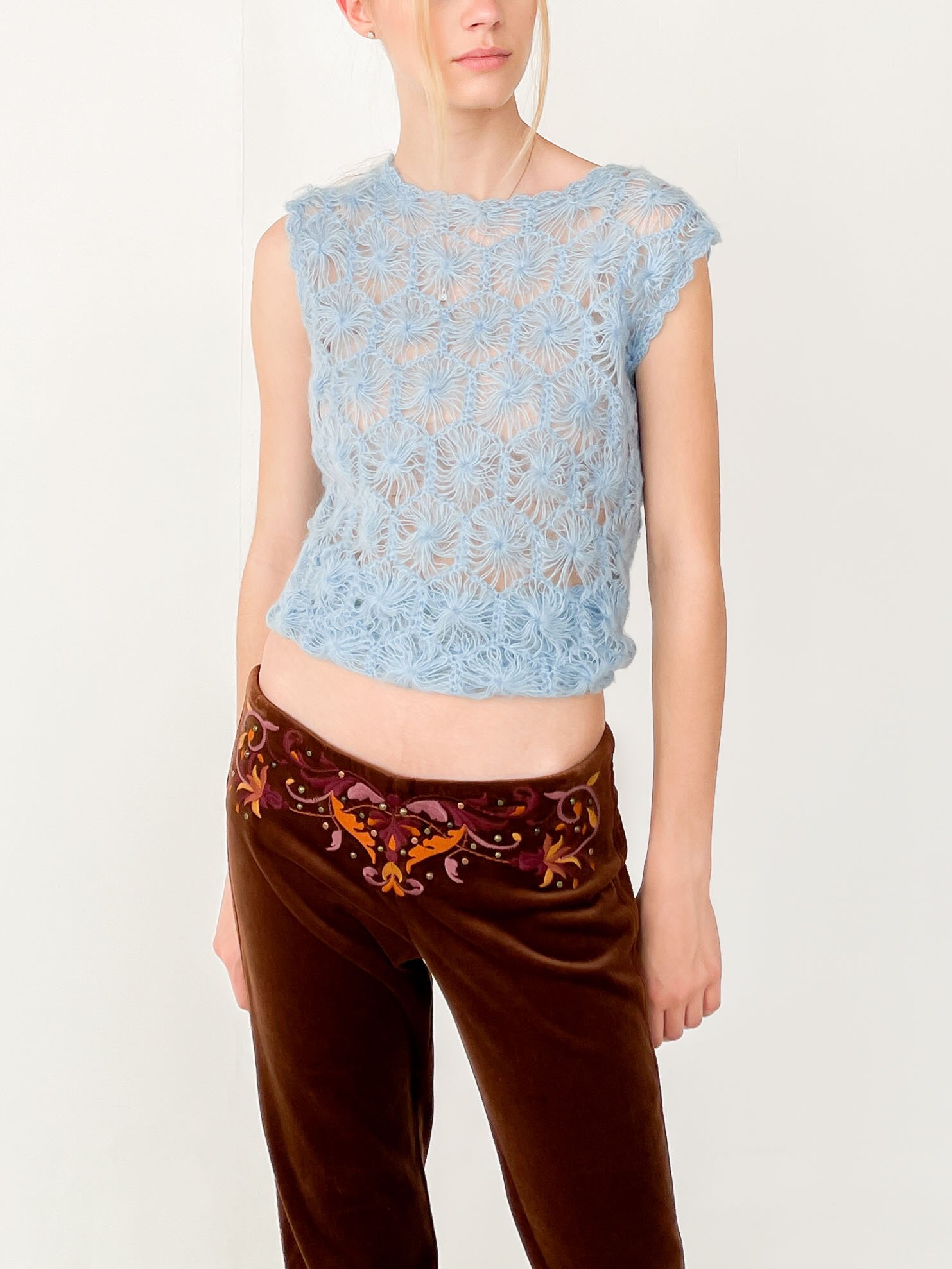 トップス Holey Pattern Mohair Sleeve-less Top Sky-Mohair-Crochet-Sleeveless-