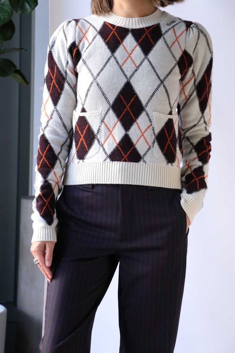 Ganni Argyle Cropped Pullover Egret Garmentory