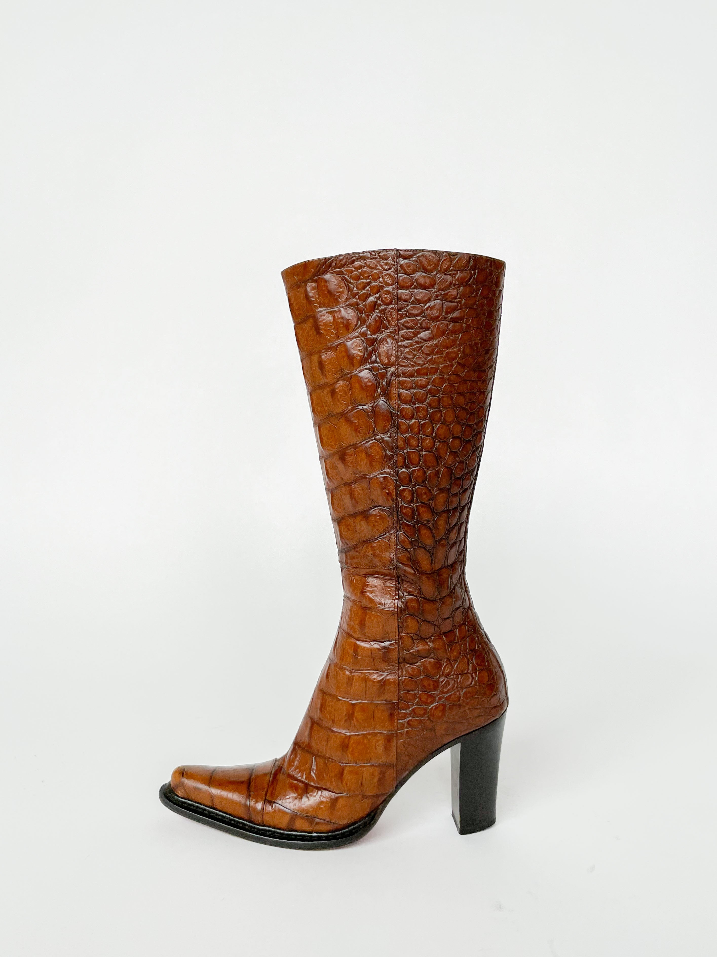 Vintage Crocodile Embossed Cowboy Boots - Brown | Garmentory