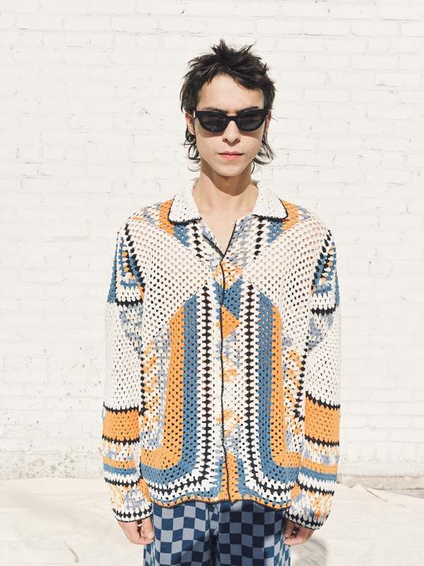 Blue & Yellow Gloucester Crochet Long Sleeve Overshirt | Garmentory