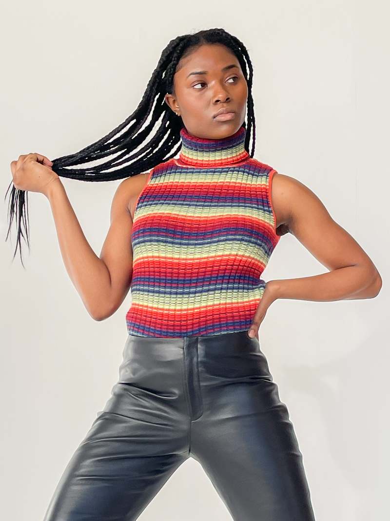 トップス [ItalyVintage]80s MultiColor Turtleneck 1980s Rainbow Striped Turtleneck Sweater | x-small/small