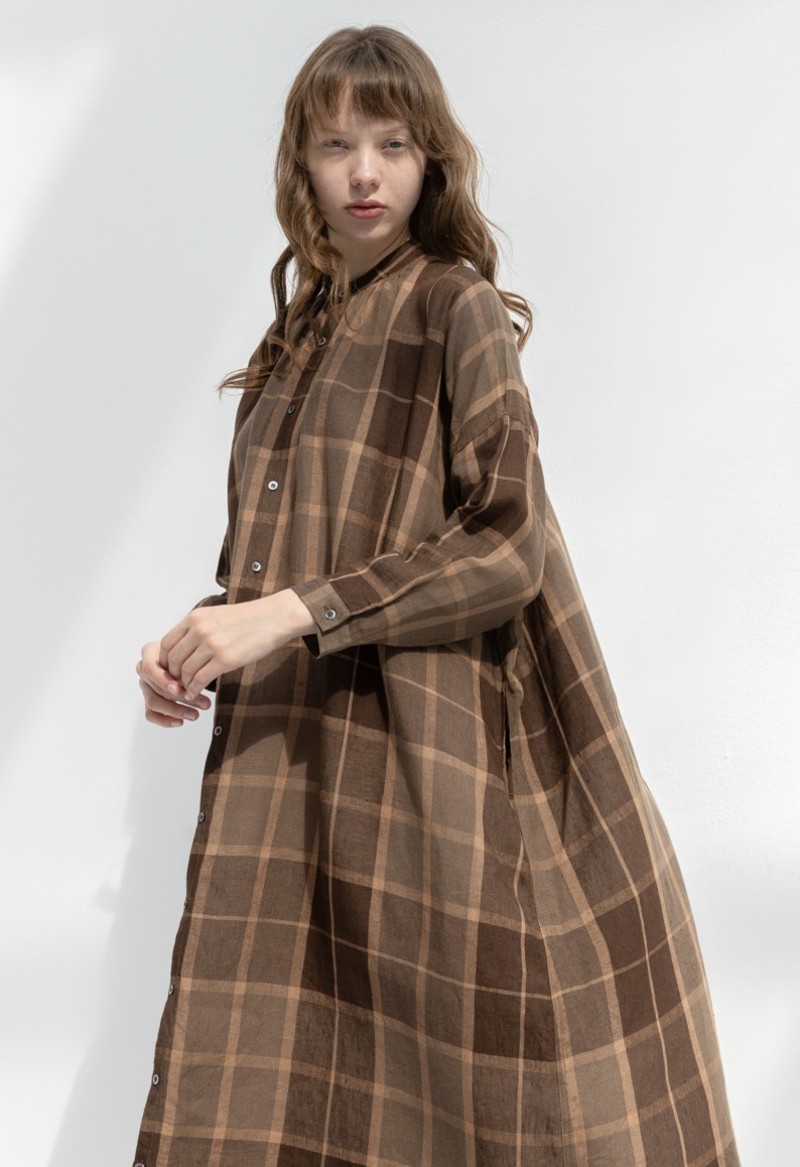 ICHI ANTIQUITES LINEN TARTAN SHIRT DRESS - BROWN | Garmentory
