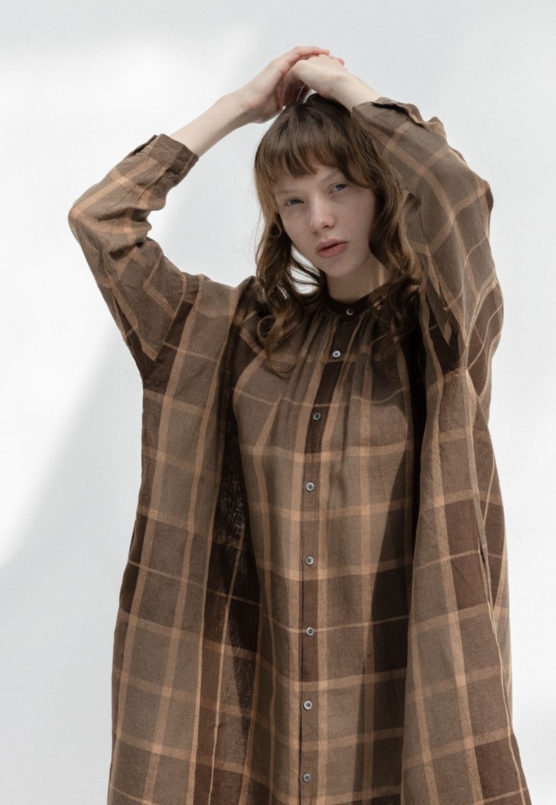 ICHI ANTIQUITES LINEN TARTAN SHIRT DRESS BROWN on Garmentory