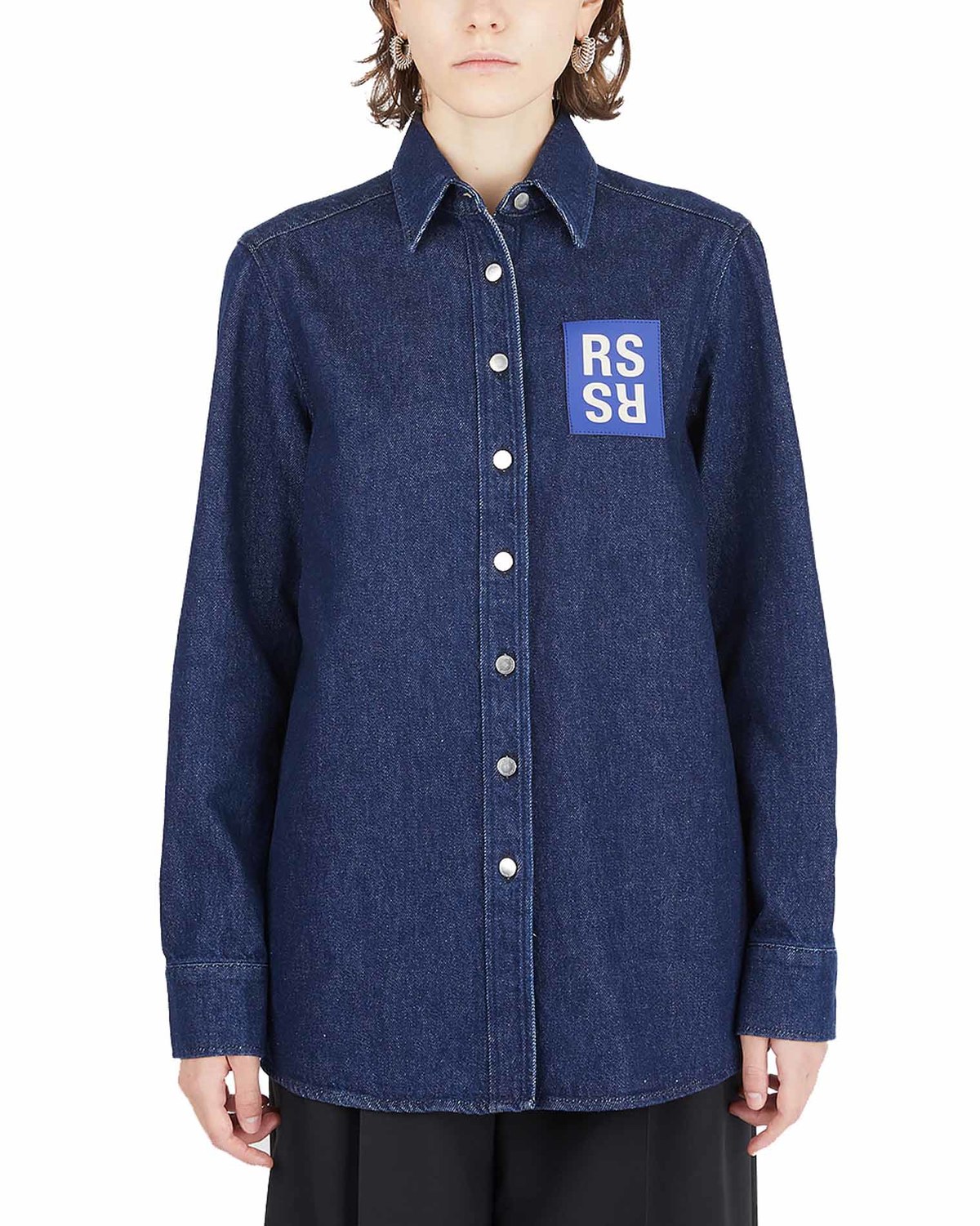 Raf Simons Denim Shirt with Logo Patch - Blue | Garmentory