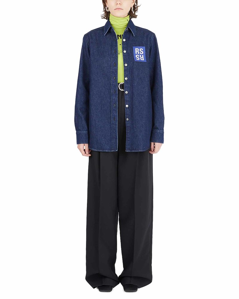 Raf Simons Denim Shirt with Logo Patch - Blue | Garmentory
